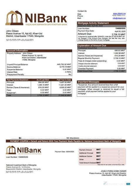 Mongolia National Investment Bank of Mongolia mortgage statement Word and PDF template